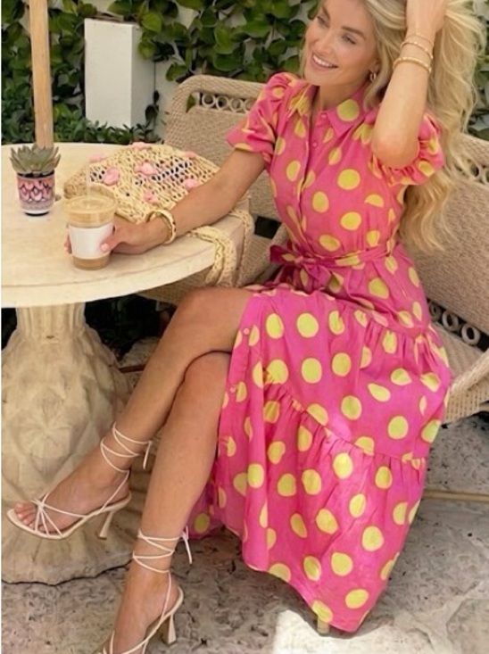 Peach Love California Dresses & Skirts - NWT PINK POLKA DOT COTTON POPLIN PRINTED PUFF SLEEVE MAXI DRESS POCKETS